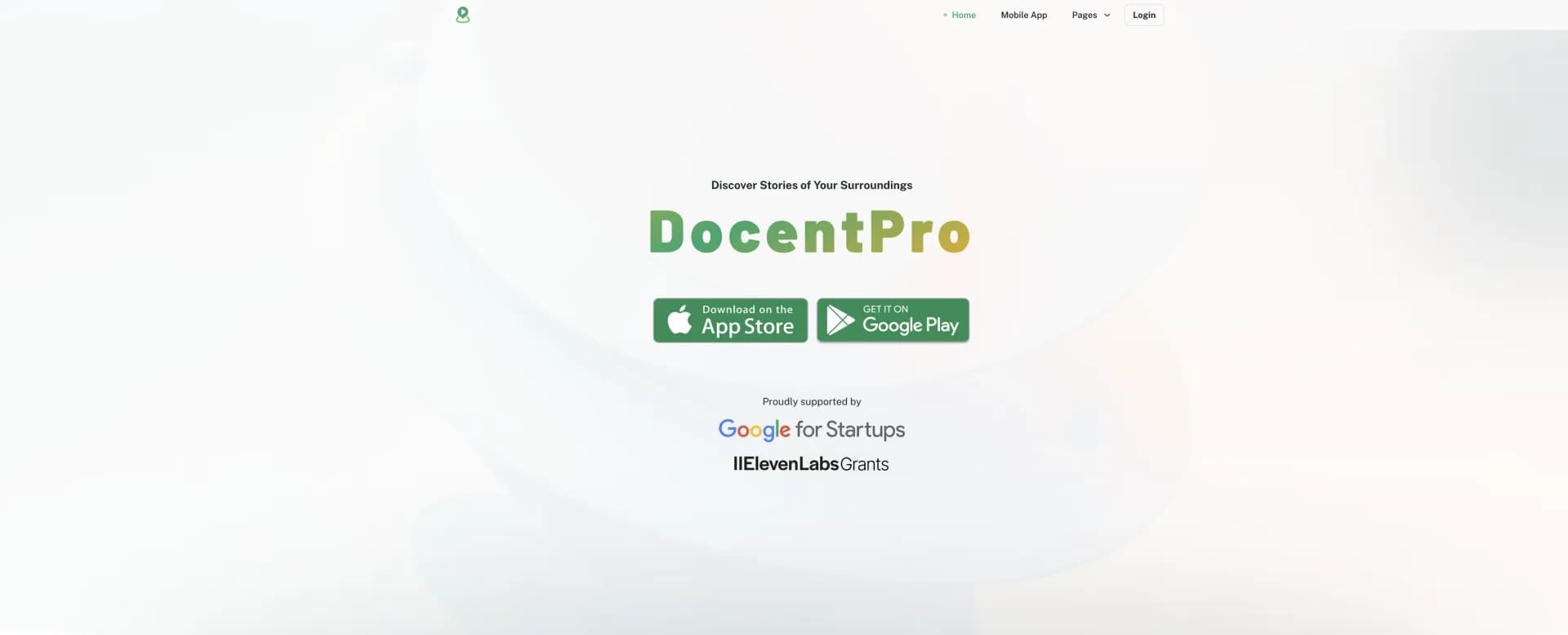 DocentPro homepage screenshot — Your on-the-go AI tour guide.