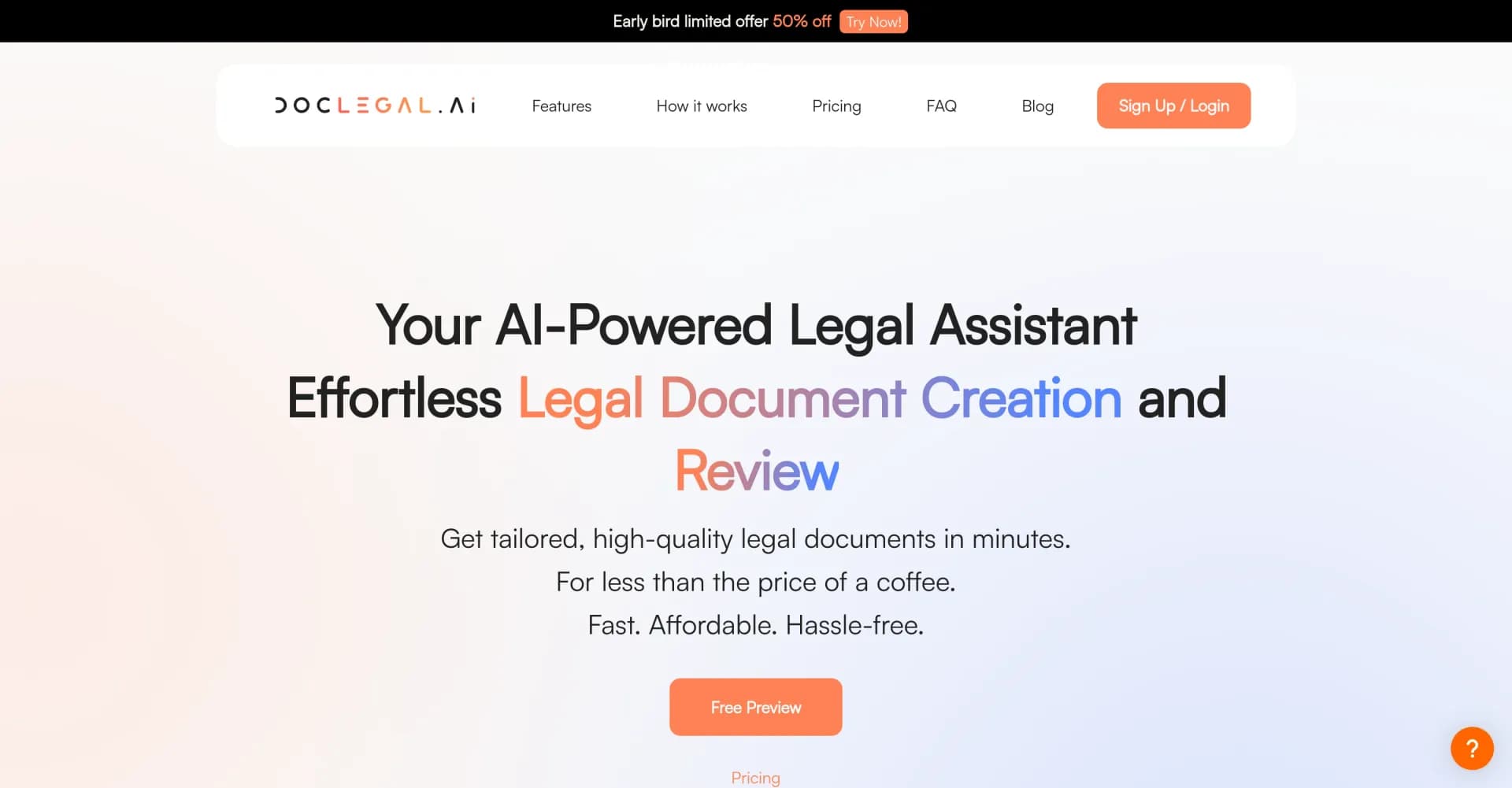 DocLegal.ai homepage screenshot — AI-powered legal documents for $2.5 each.