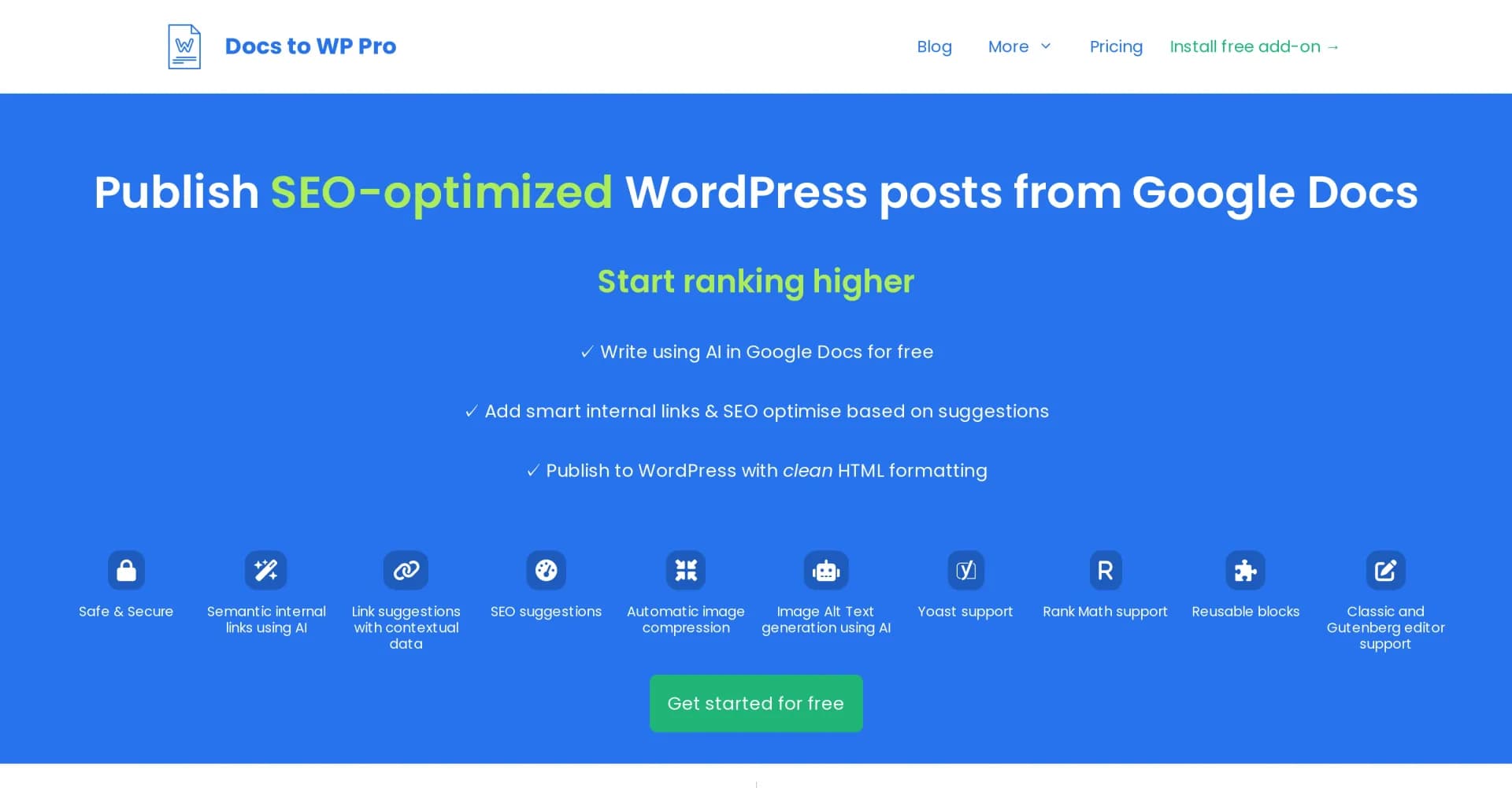 Docs to WP Pro homepage screenshot — Publish SEO-optimized WordPress posts from Google Docs