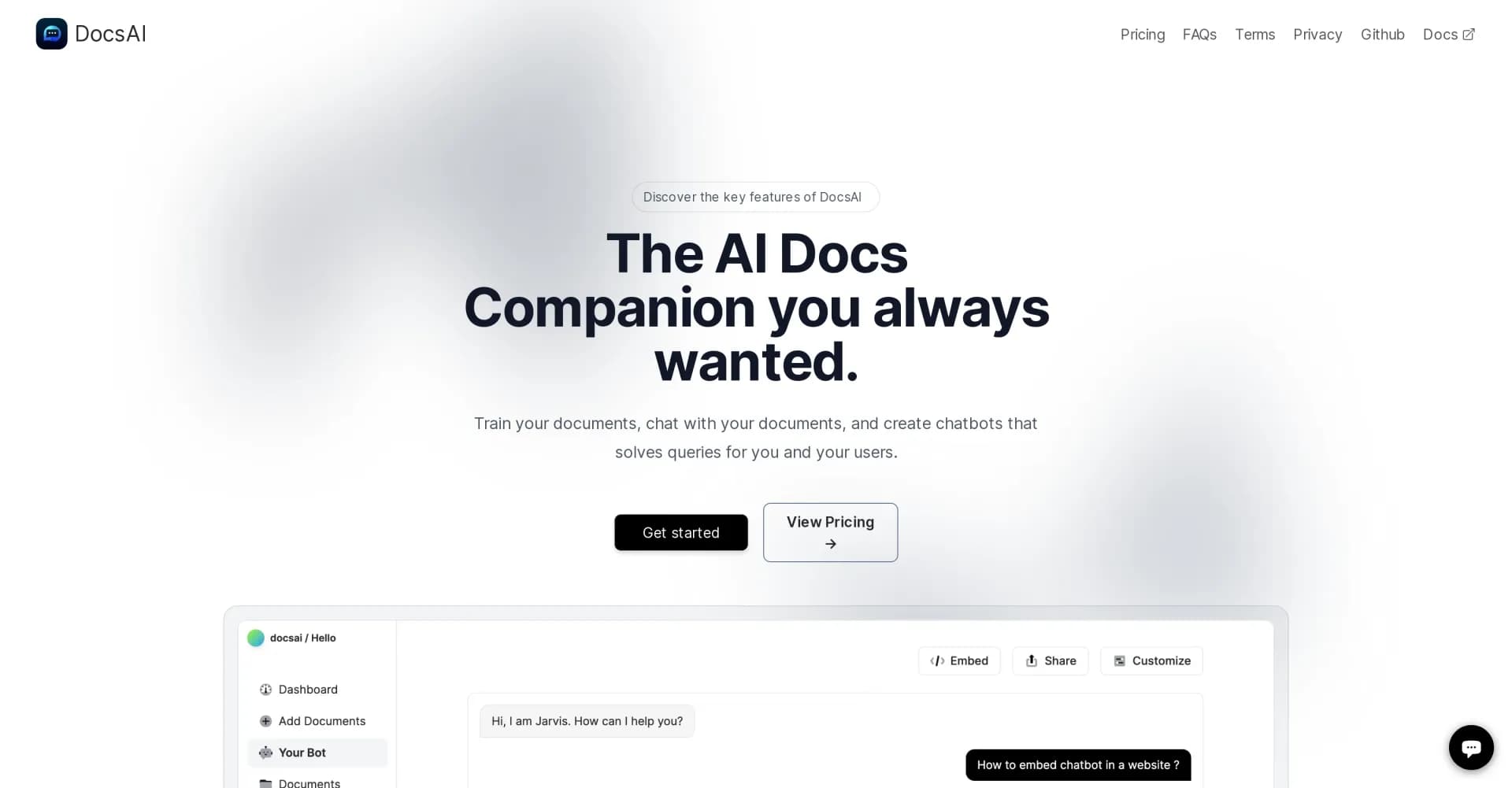 DocsAI homepage screenshot — The AI docs companion that trains, chats, and solves queries