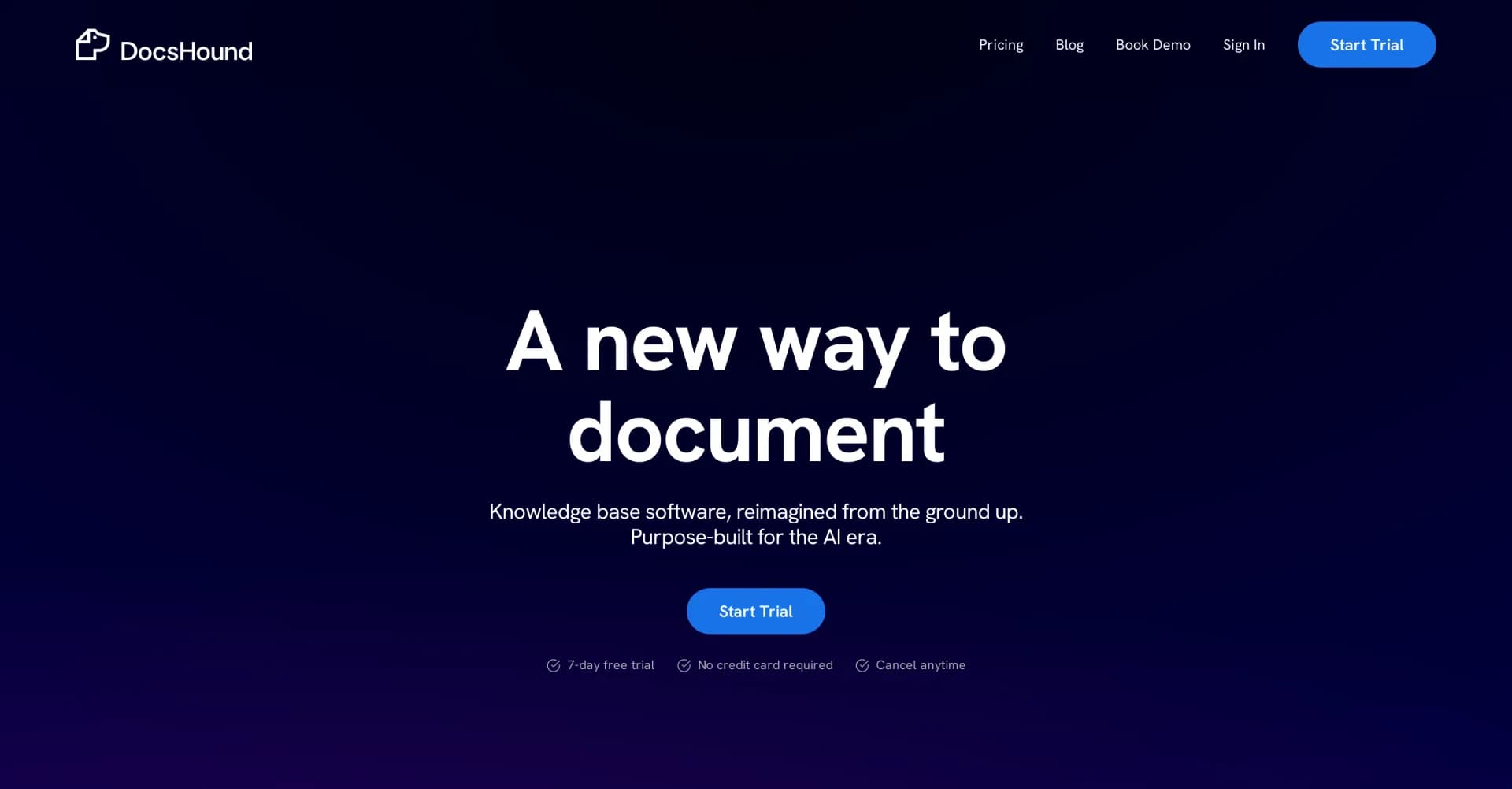 DocsHound homepage screenshot — Knowledge base software, reimagined with AI.