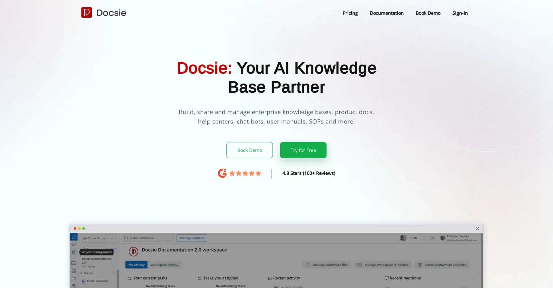Docsie homepage screenshot — Build and manage enterprise knowledge with ease.