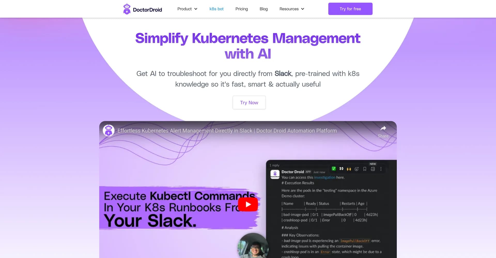 Doctor Droid homepage screenshot — Simplify Kubernetes management with AI-powered tools