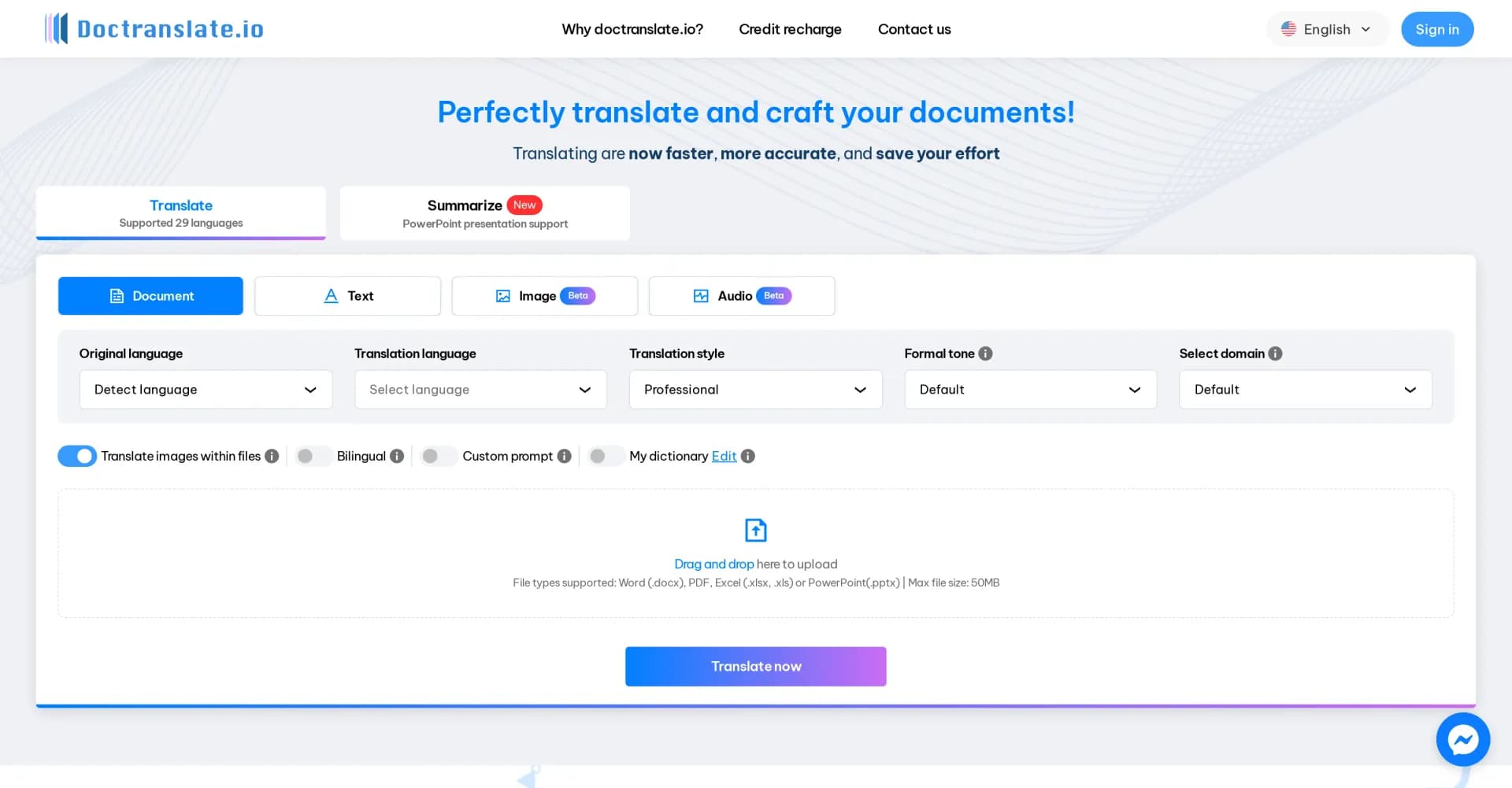 DocTranslate homepage screenshot — Translate documents in any language instantly