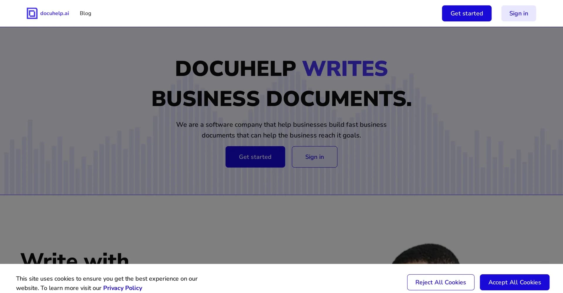 DocuHelp homepage screenshot — Industry-specific prompts for document collaboration.
