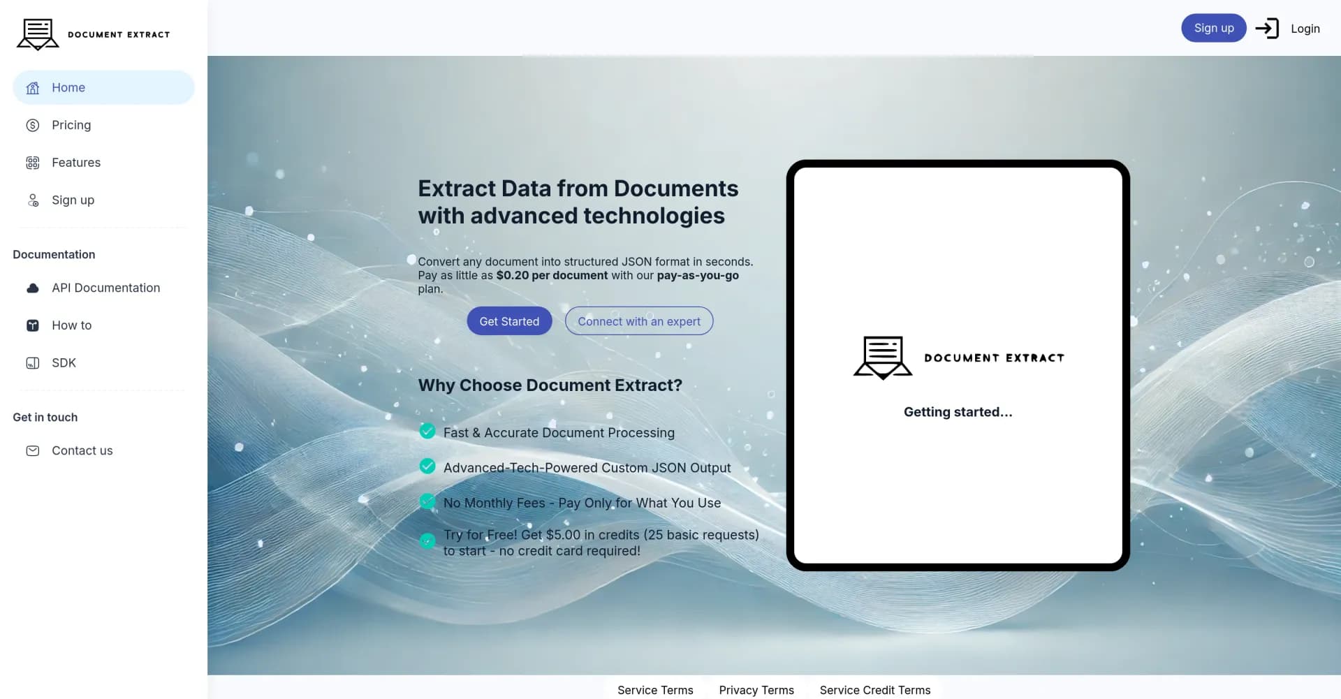 Document Extract homepage screenshot — Extract data from documents with AI
