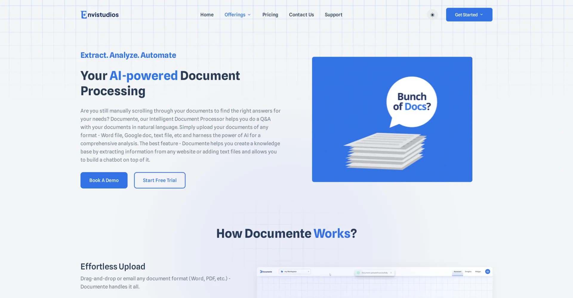 Documente by Envistudios homepage screenshot — AI-powered document analysis for instant insights.