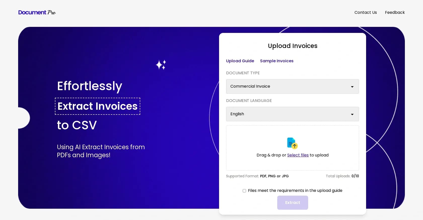 DocumentPro homepage screenshot — Extract invoices from PDFs and images to CSV using AI