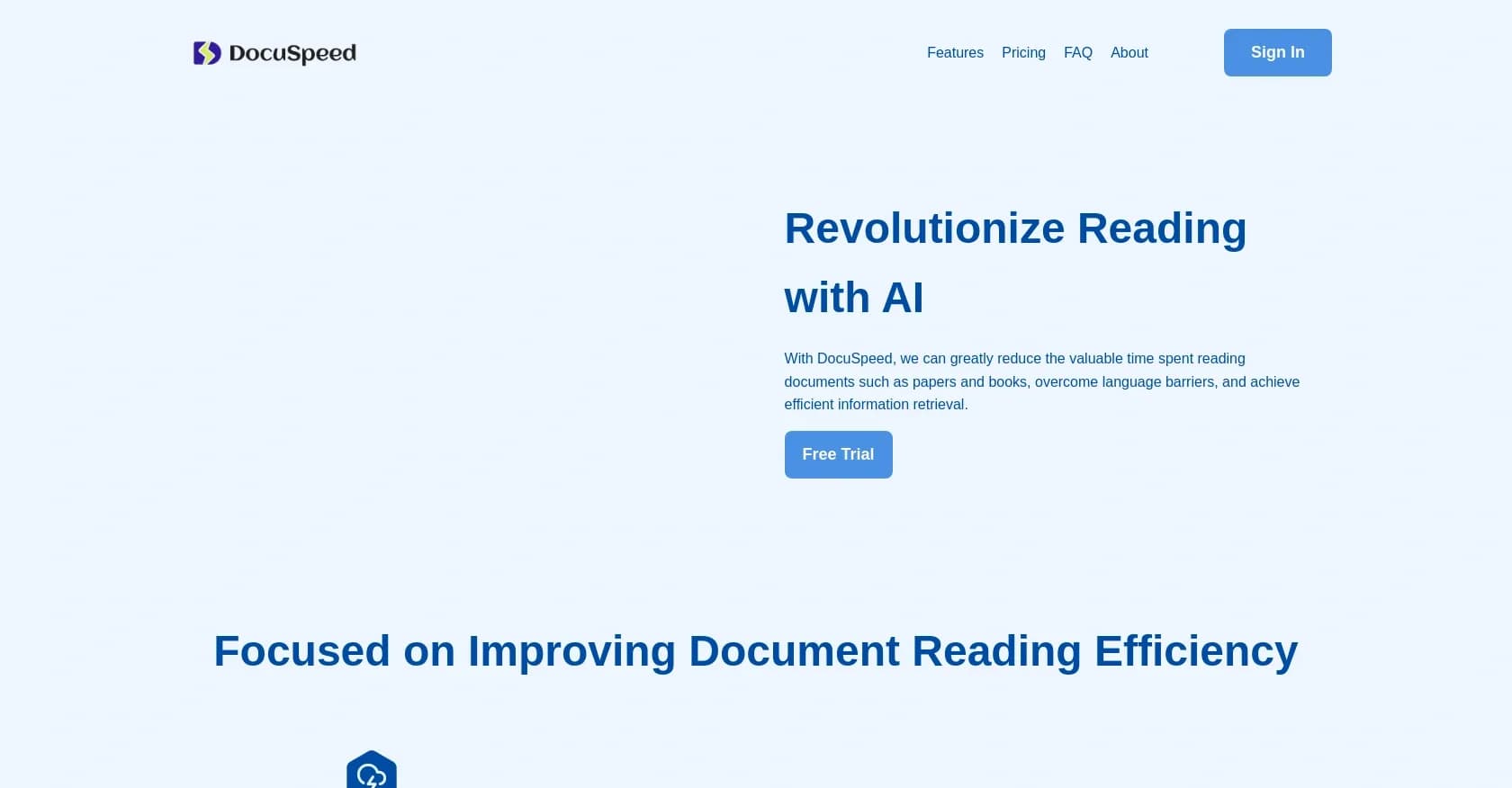 DocuSpeed homepage screenshot — Revolutionize reading with AI-powered efficiency.