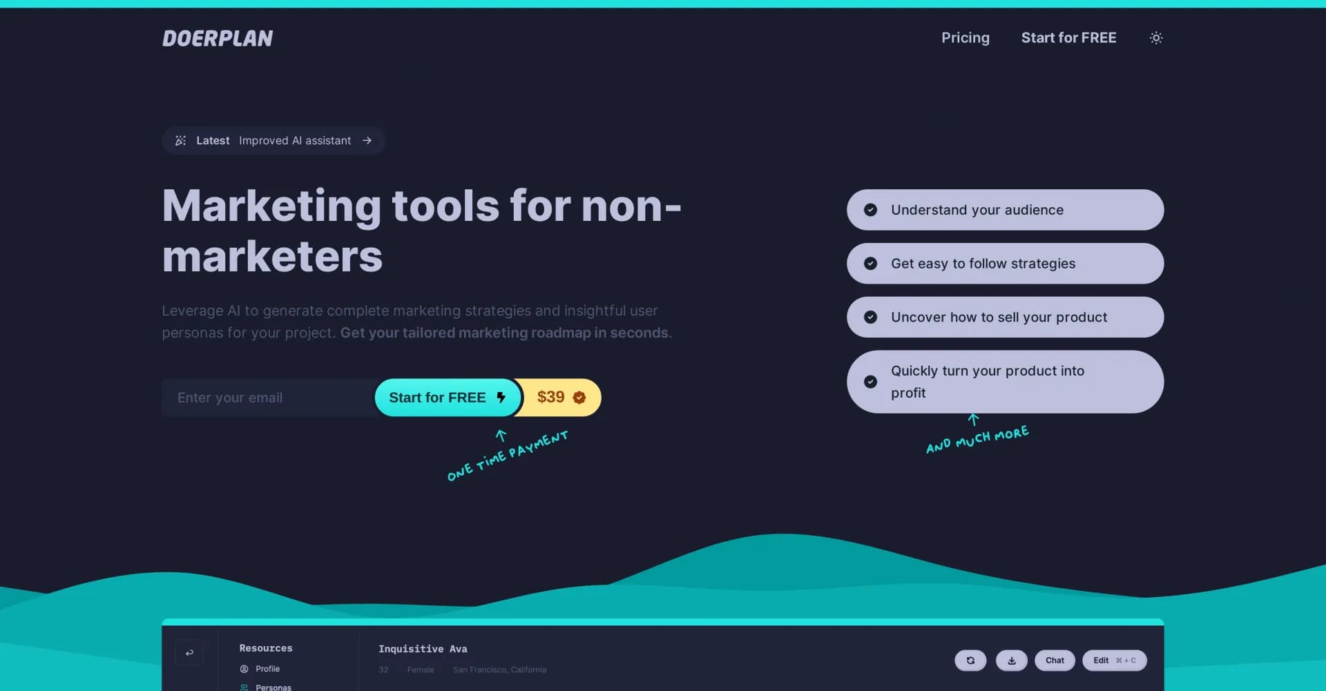 Doerplan homepage screenshot — AI-powered marketing strategies and user personas in seconds