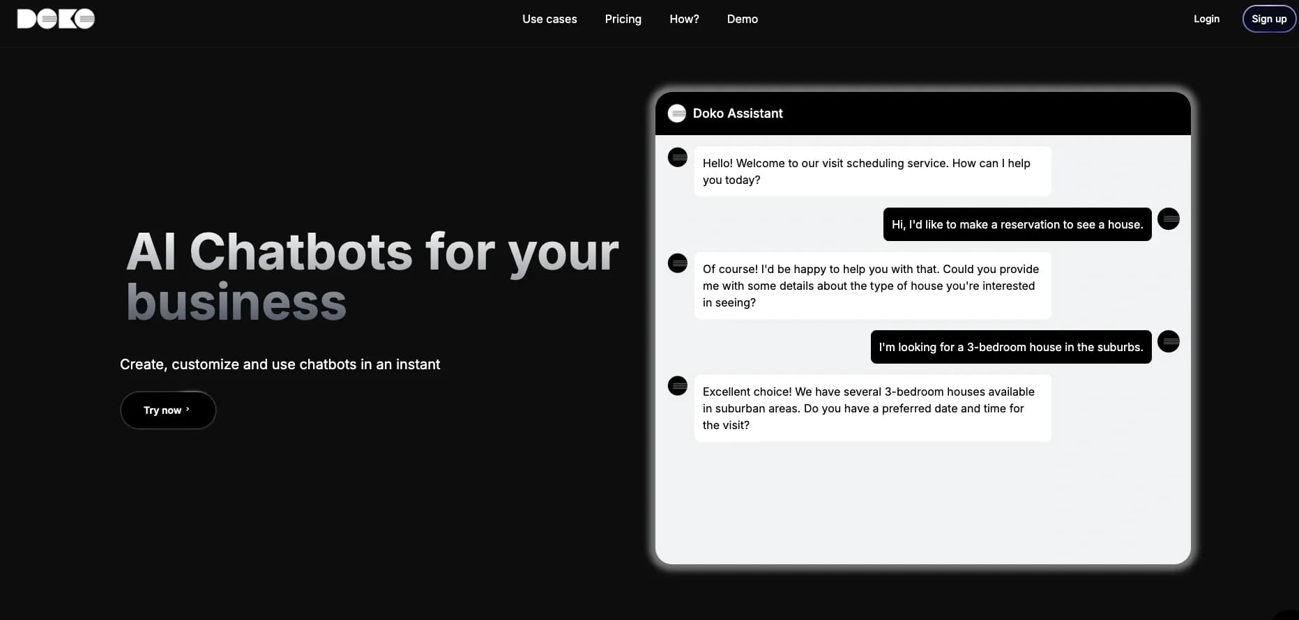 Doko AI homepage screenshot — Crea chatbots en minutos