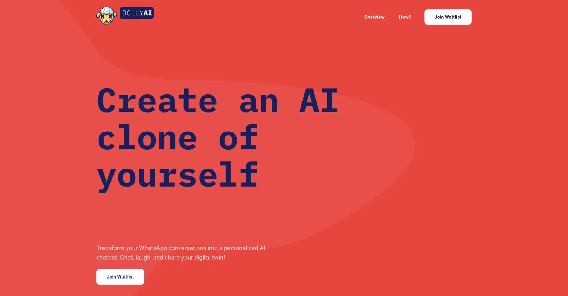 Dolly AI homepage screenshot — Create your AI clone from WhatsApp chats
