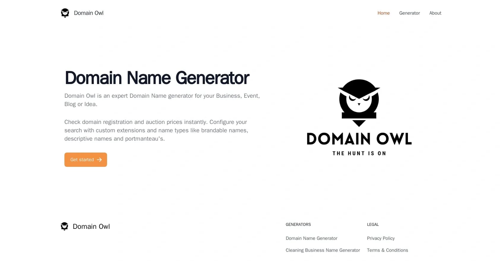 DomainOwl homepage screenshot — AI-powered domain name generator and availability checker