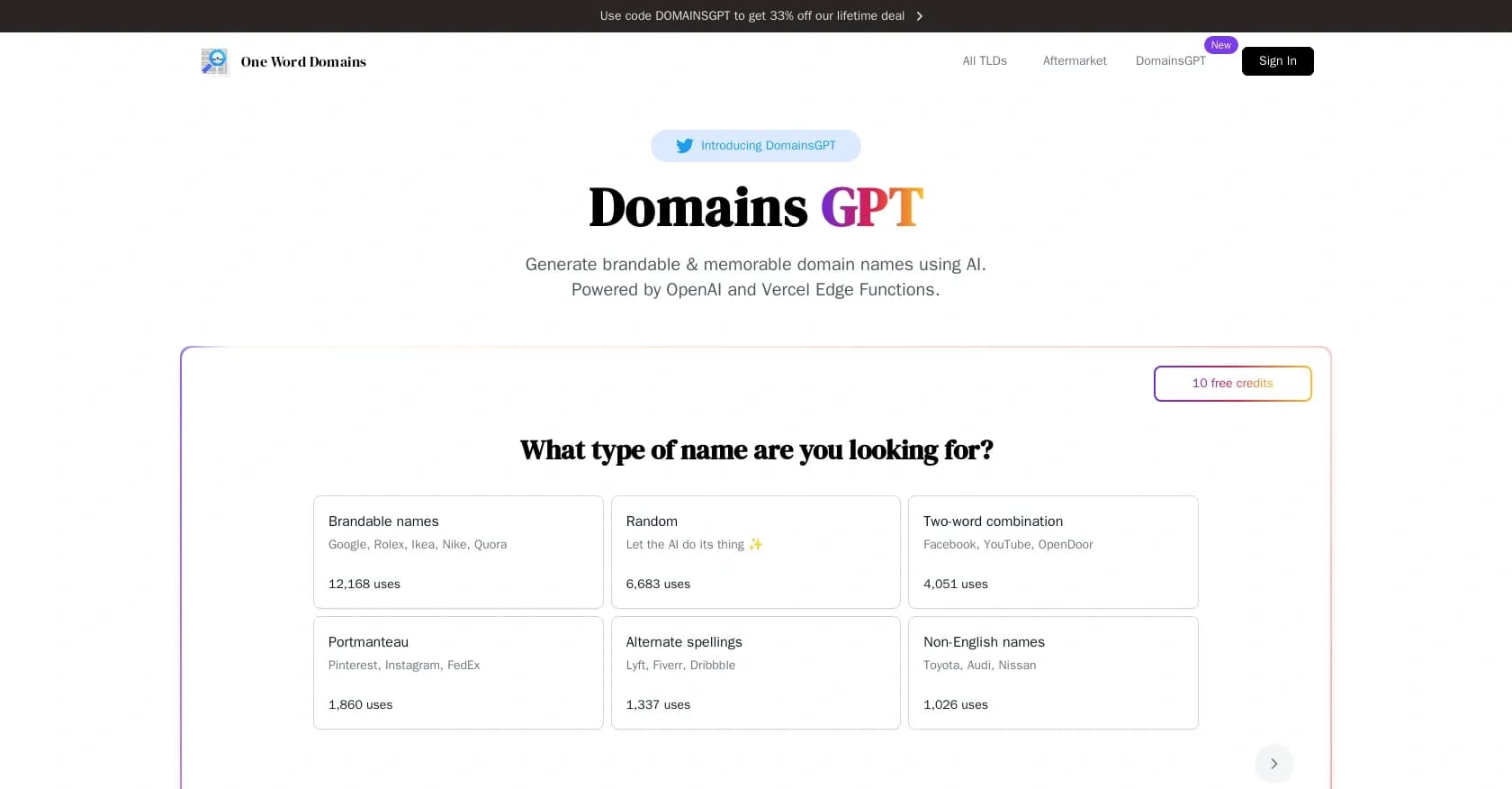 DomainsGPT homepage screenshot — Generate brandable domain names with AI