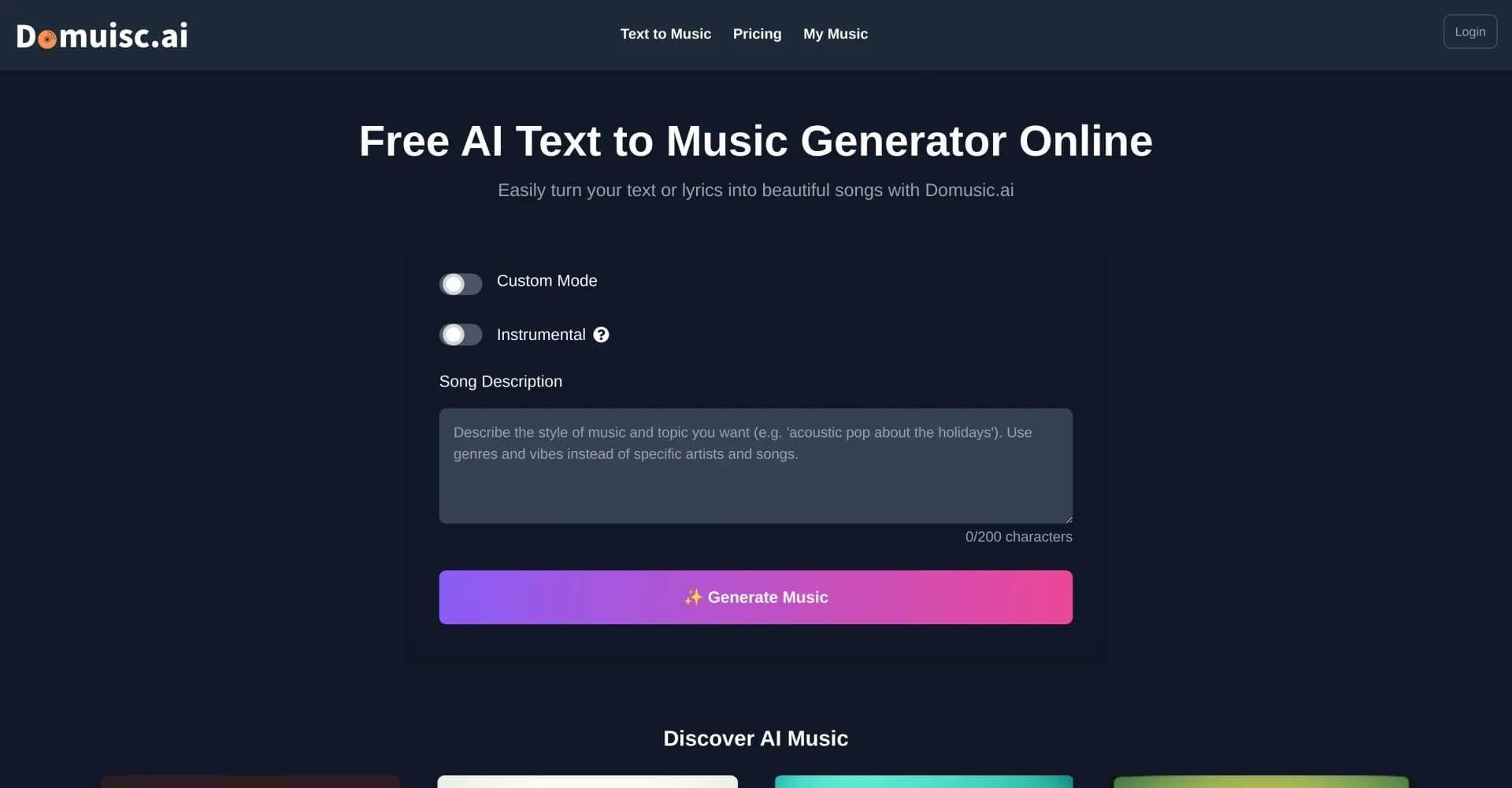Domusic.ai homepage screenshot — Transform text into melody with AI magic.