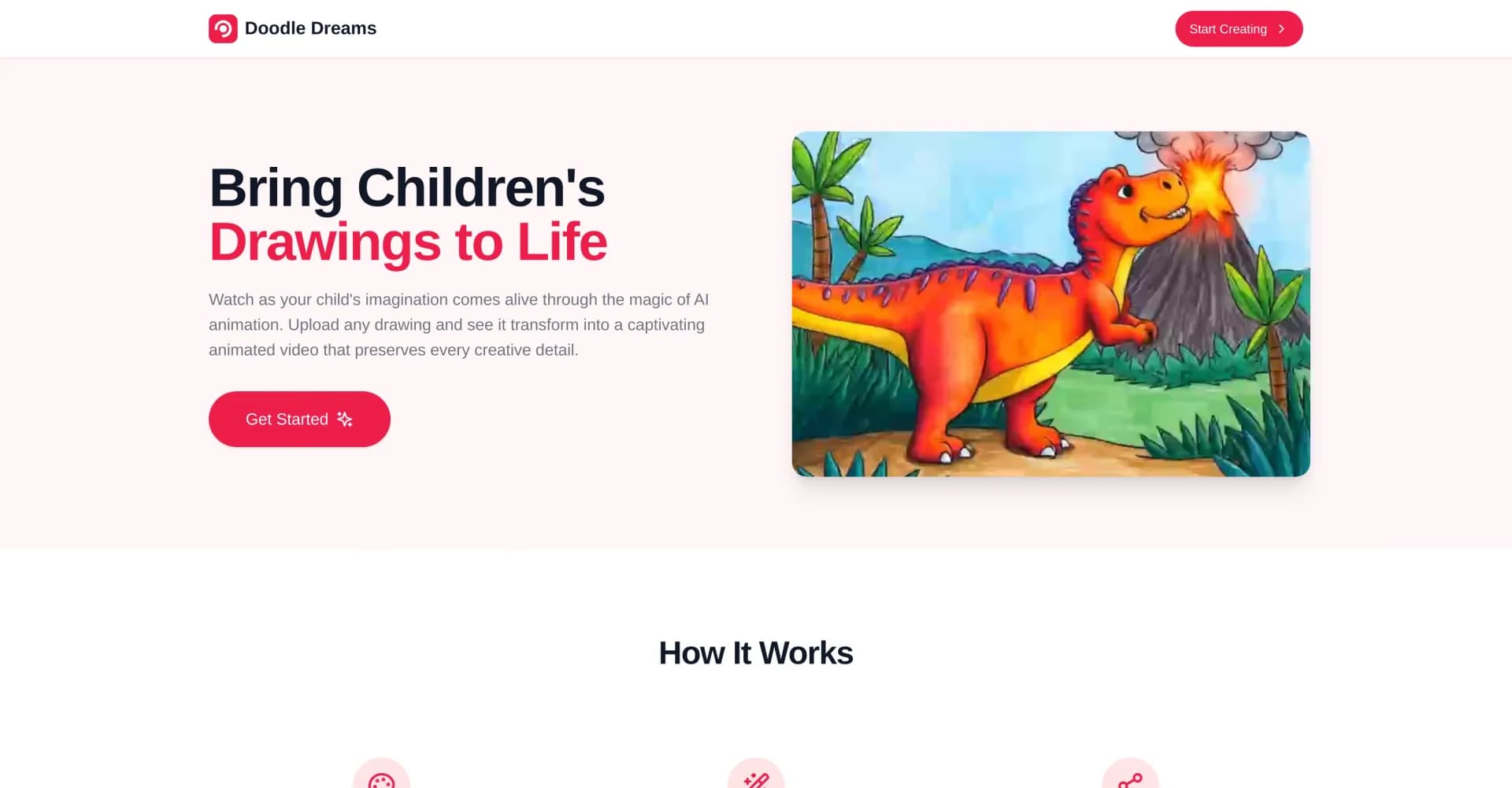 Doodle Dreams homepage screenshot — Animate kids' drawings with AI magic