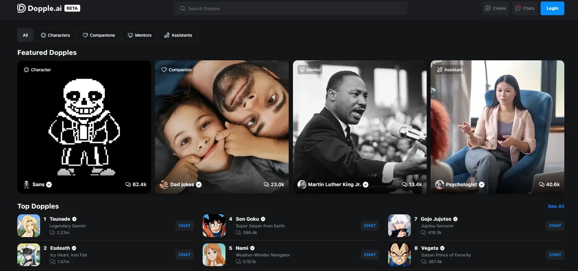 Dopple homepage screenshot — Chat with iconic characters and virtual mentors