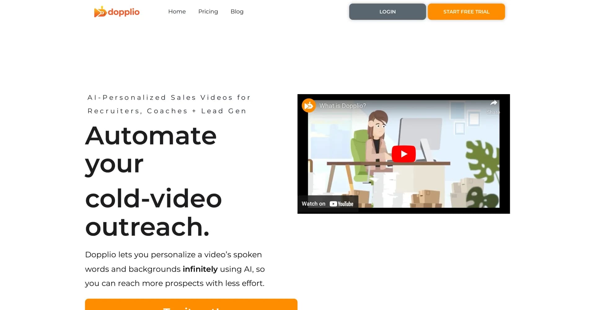 Dopplio homepage screenshot — AI-personalized videos for automated outreach