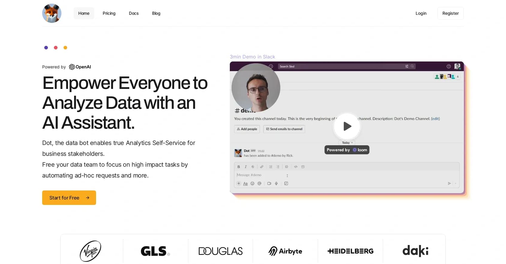 Dot homepage screenshot — Empower Everyone to Analyze Data with an AI Assistant.