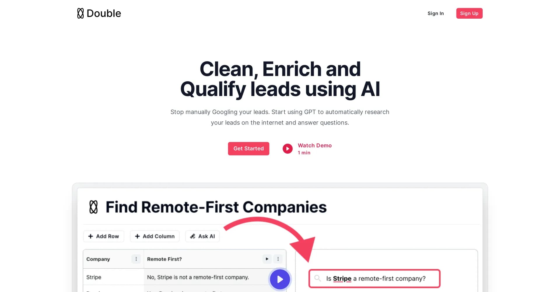 Double homepage screenshot — Find and convert leads with AI-powered messages.