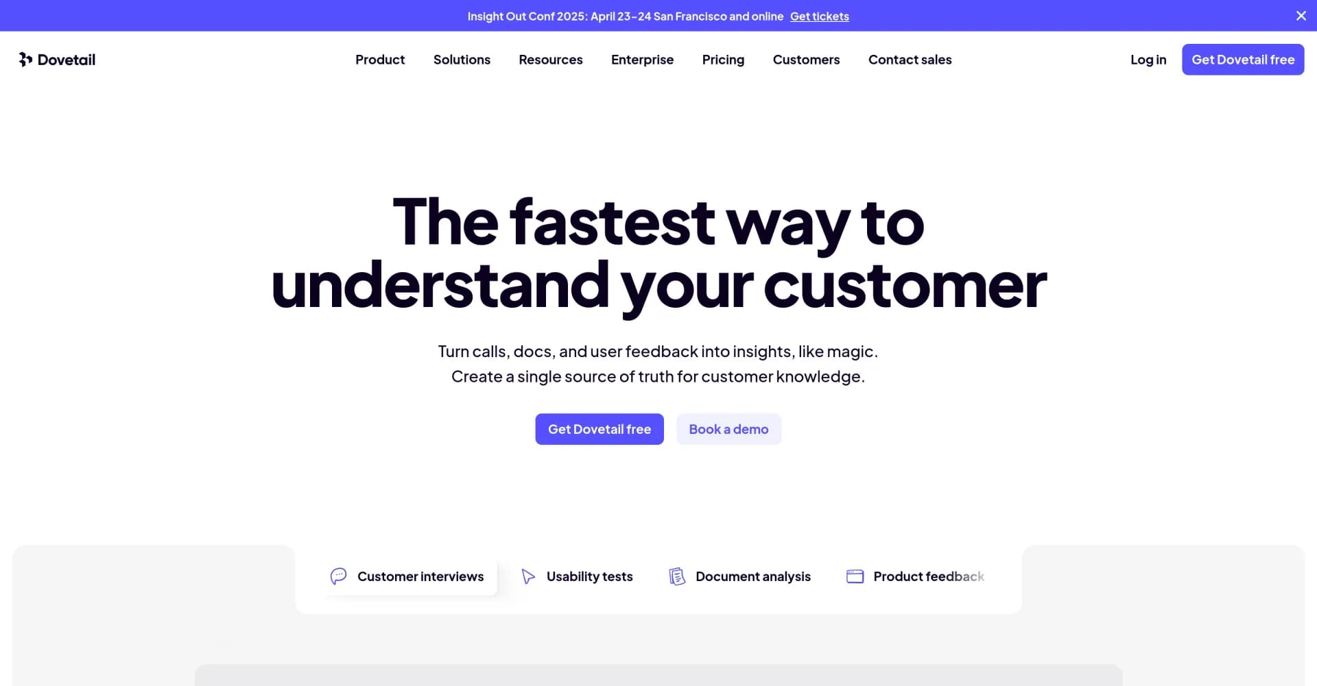 Dovetail homepage screenshot — AI-powered customer insights hub for faster data analysis