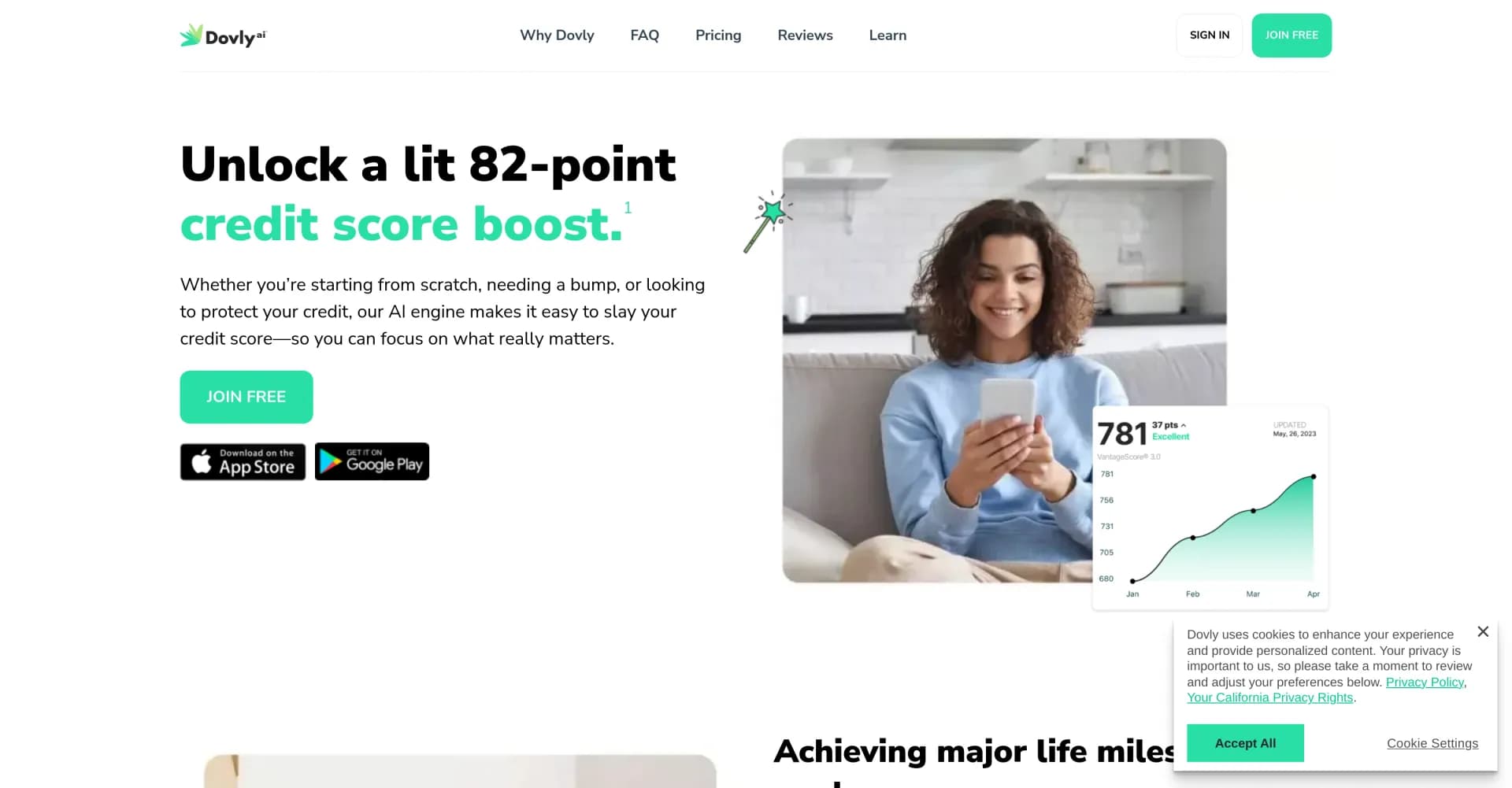 Dovly homepage screenshot — AI-powered credit score boosting made easy.