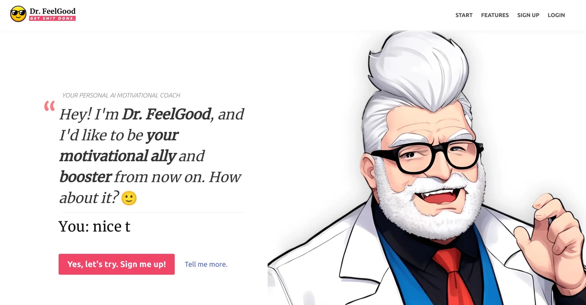Dr. FeelGood homepage screenshot — AI-powered motivation at your fingertips
