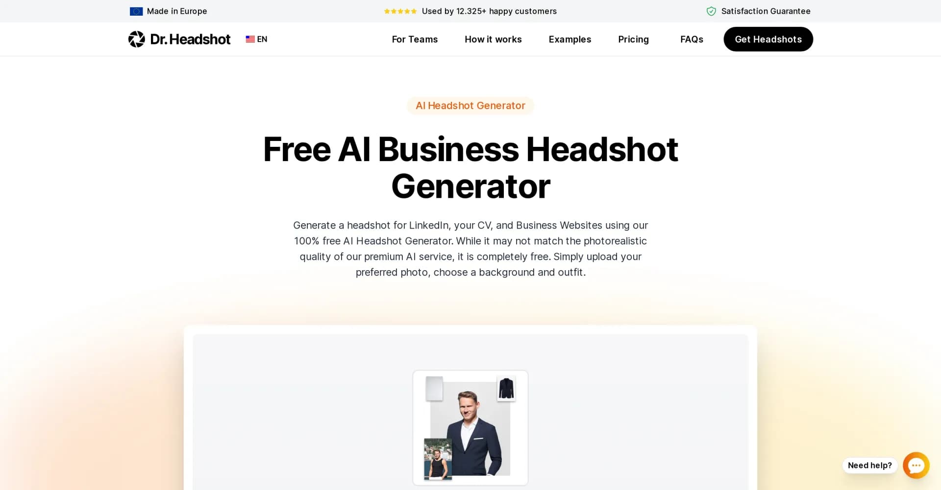 Dr. Headshot homepage screenshot — Generate free AI headshots for professional profiles.