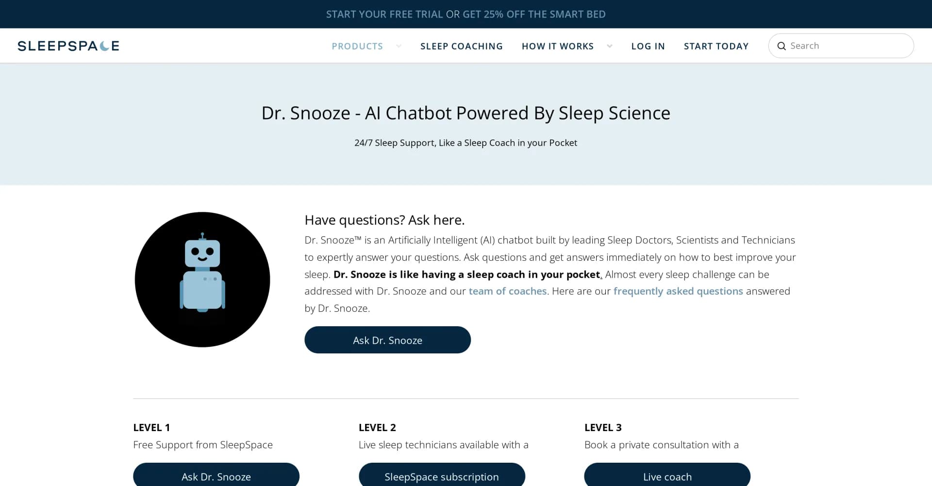 Dr. Snooze AI homepage screenshot — 24/7 AI sleep coach in your pocket.