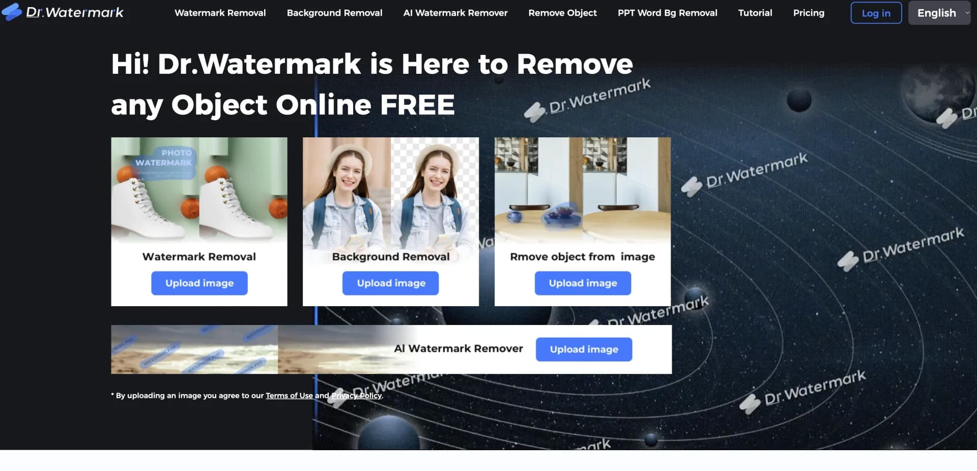 Dr.Watermark homepage screenshot — Erase watermarks and objects from images effortlessly.