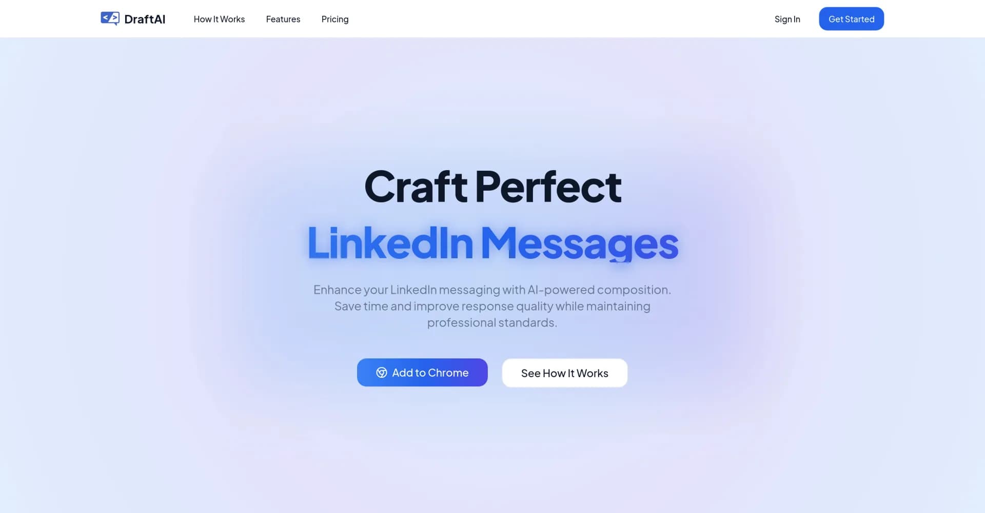 DraftAI homepage screenshot — Craft perfect LinkedIn messages with AI.
