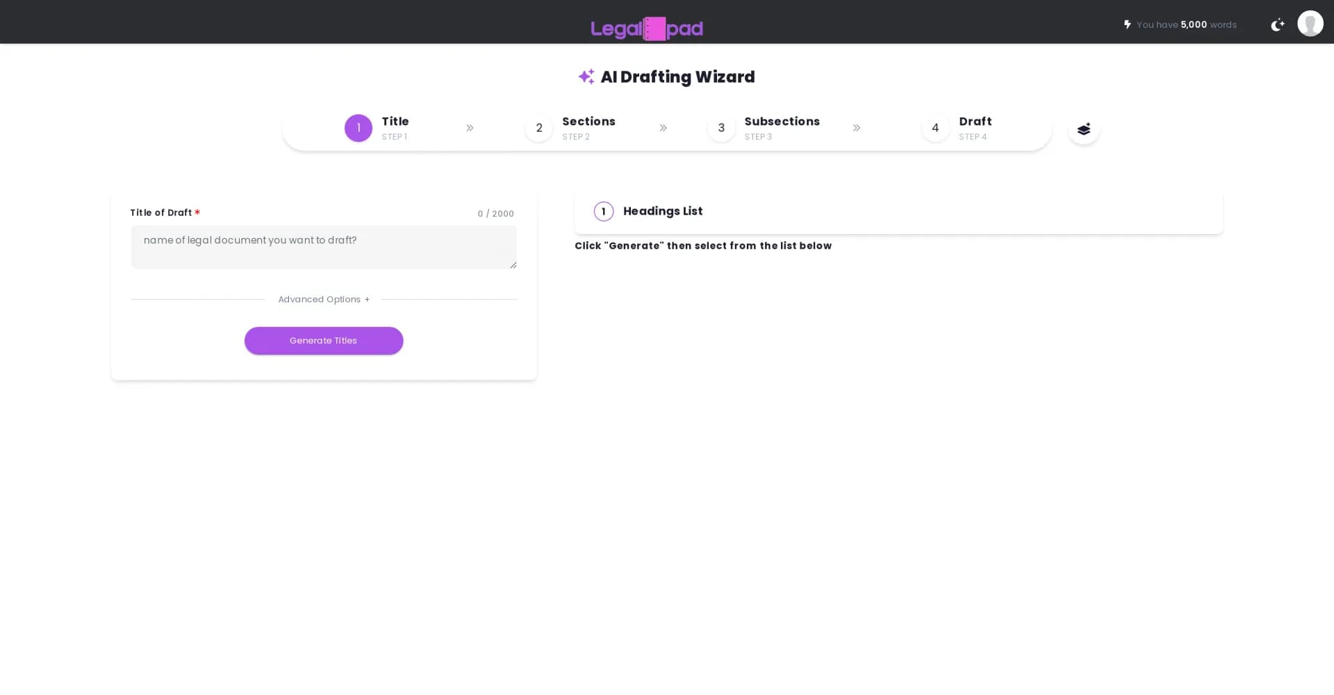 Drafting Wizard homepage screenshot — AI-powered legal drafting for all your needs.