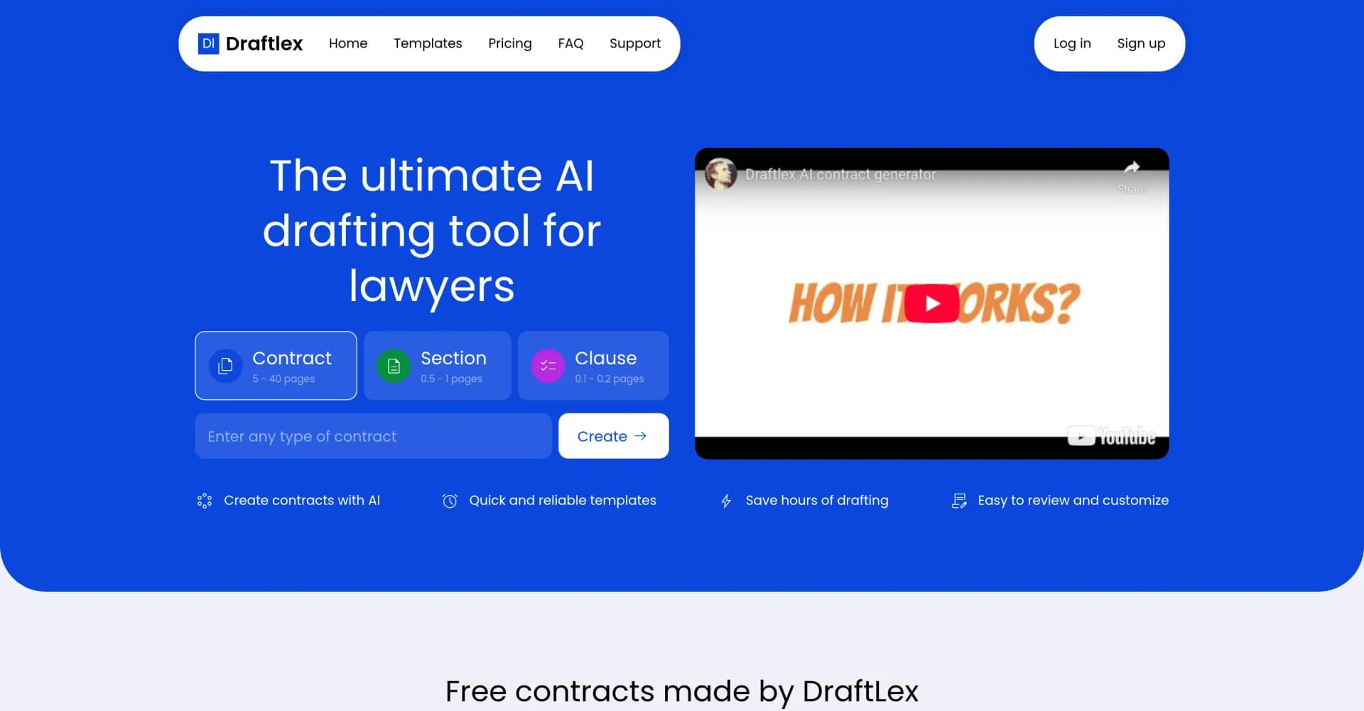 Draftlex AI homepage screenshot — Create diverse contracts 10x faster with AI