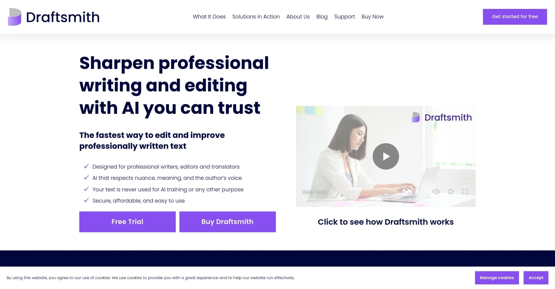 Draftsmith homepage screenshot — AI-powered editing to perfect your drafts in Word.