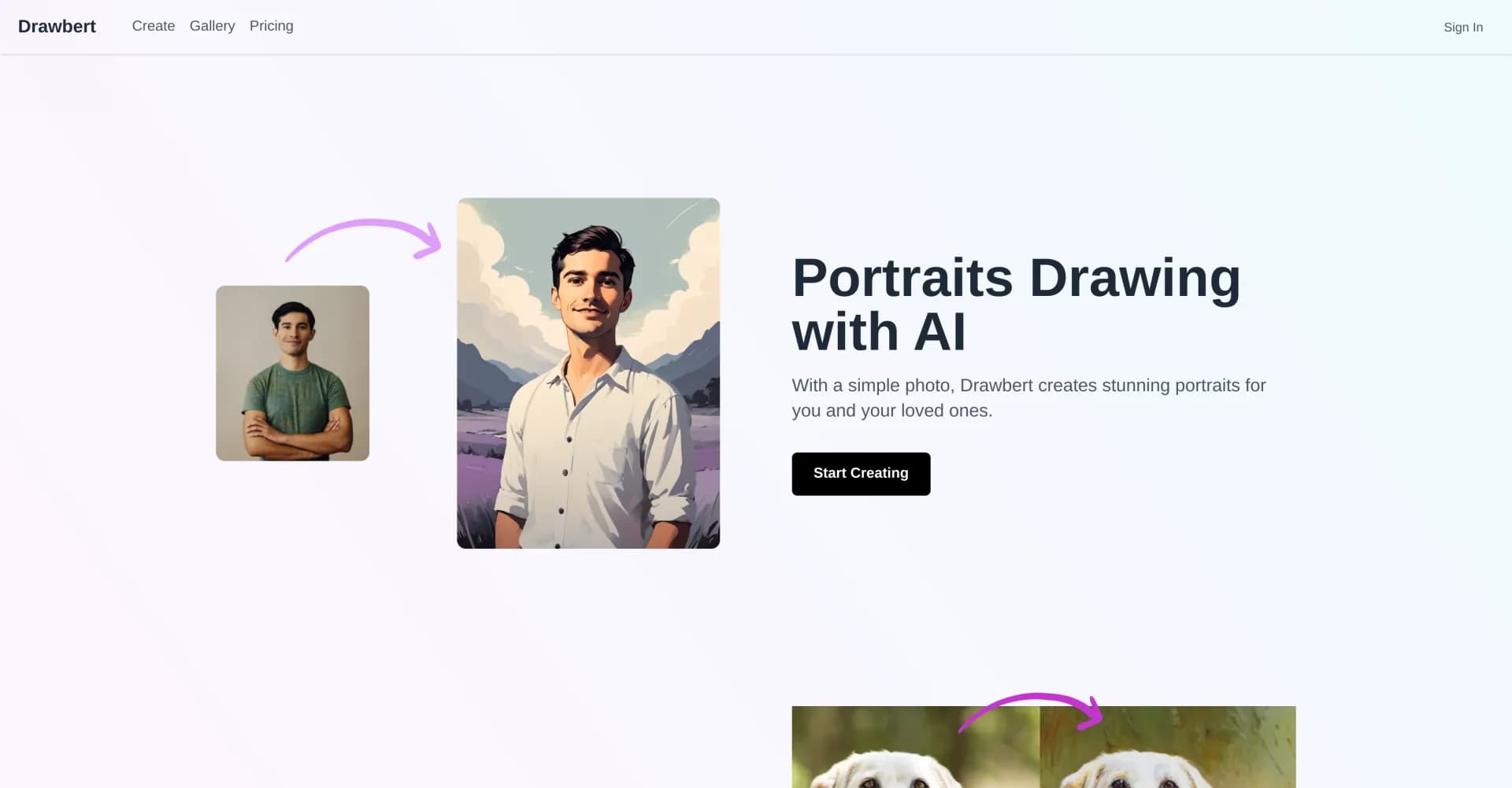 Drawbert homepage screenshot — Create stunning AI portraits in seconds.