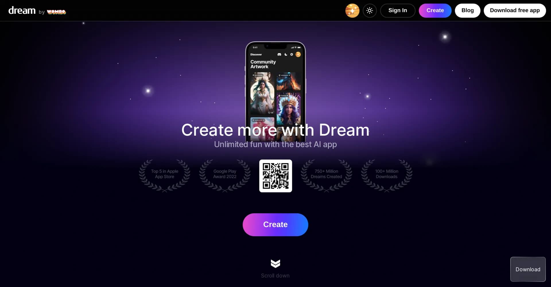 Dream by WOMBO homepage screenshot — AI turns words into stunning art in seconds.