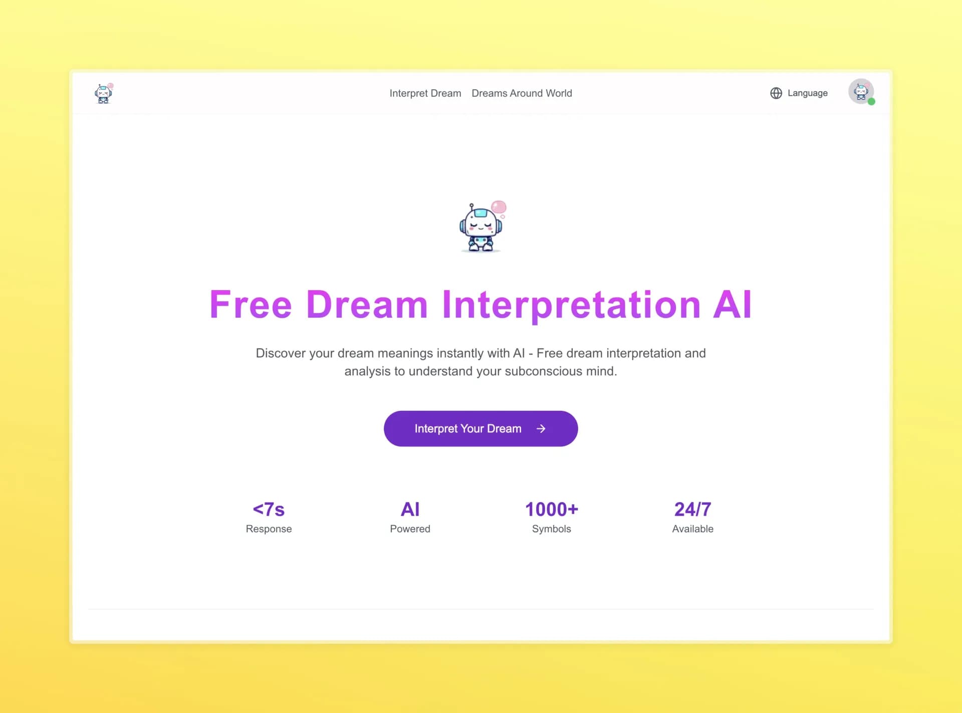 Dream Interpretation AI homepage screenshot — Instant AI dream analysis to unlock your subconscious.