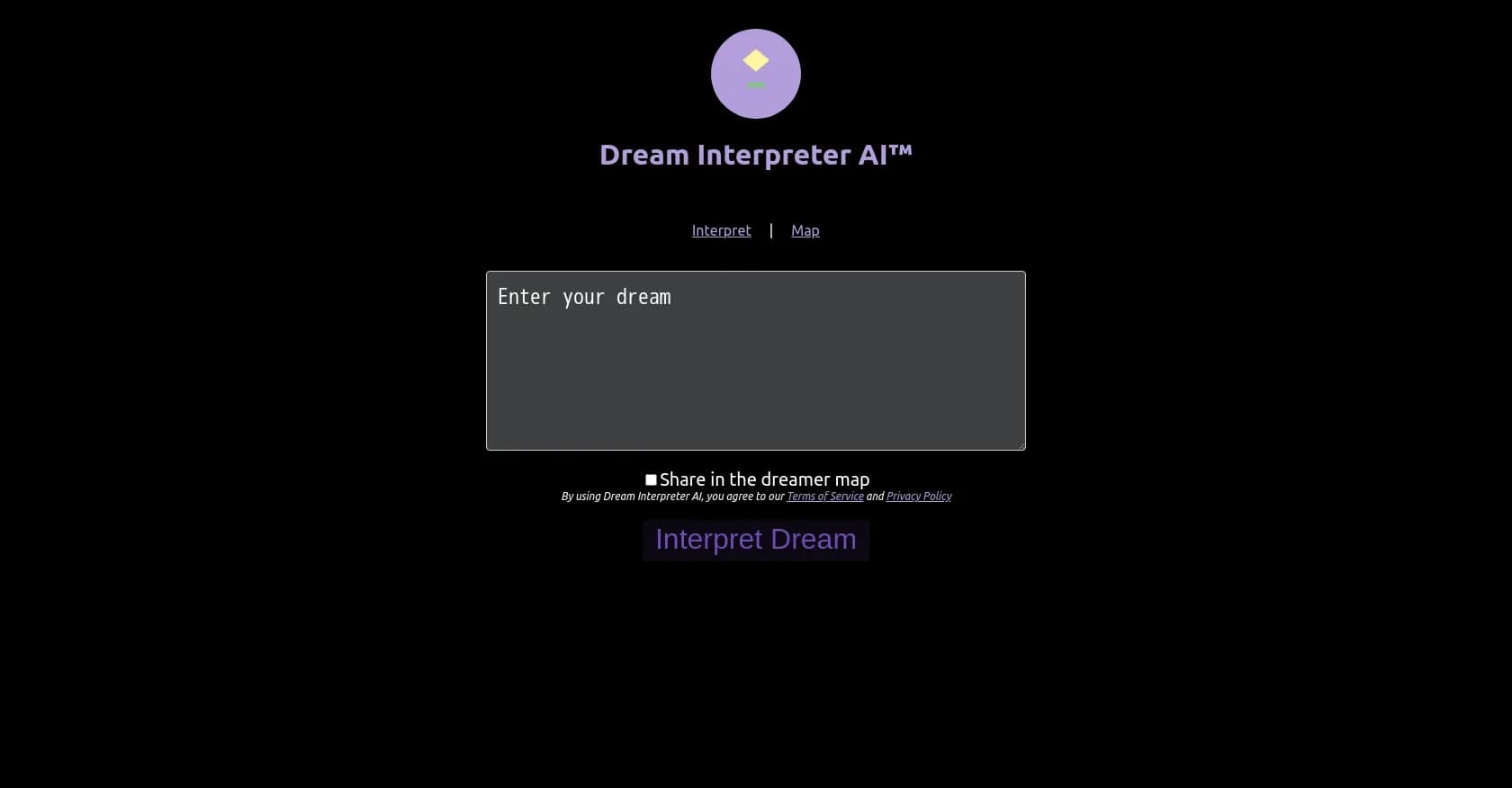 Dream Interpreter AI homepage screenshot — AI-powered dream interpretation at your fingertips.