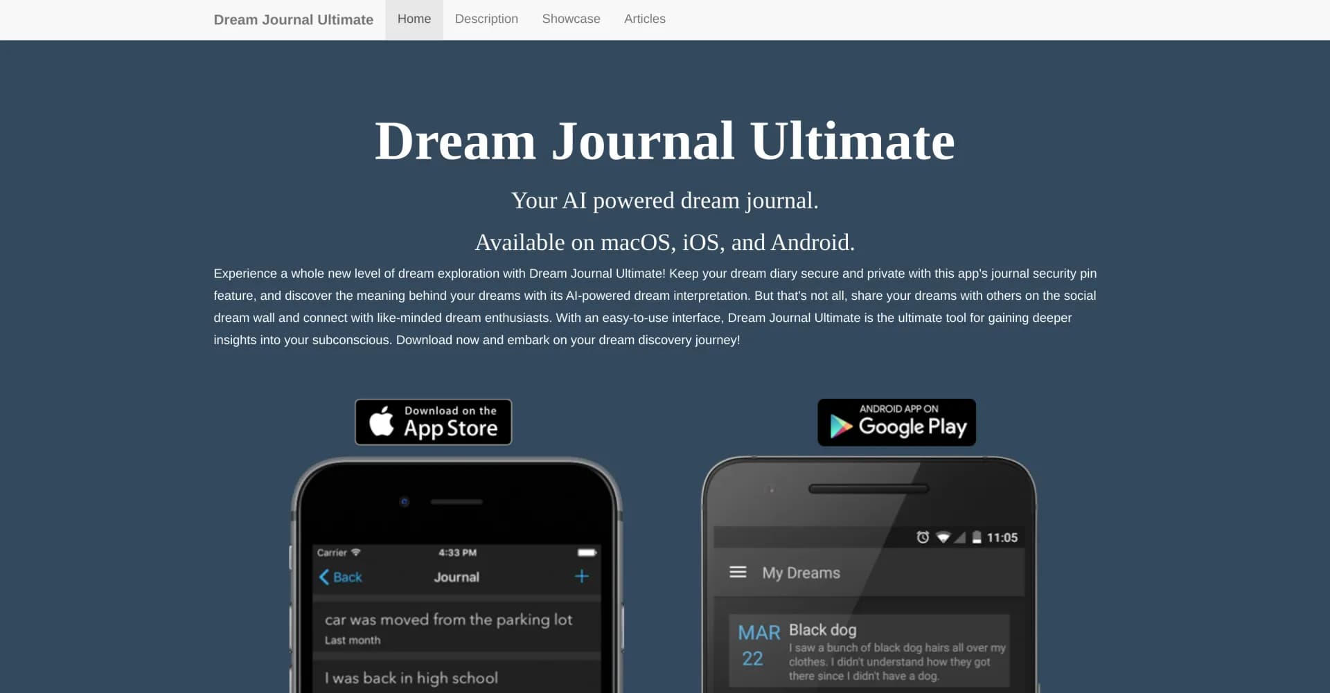 Dream Journal homepage screenshot — AI-powered dream journal for deeper self-discovery.