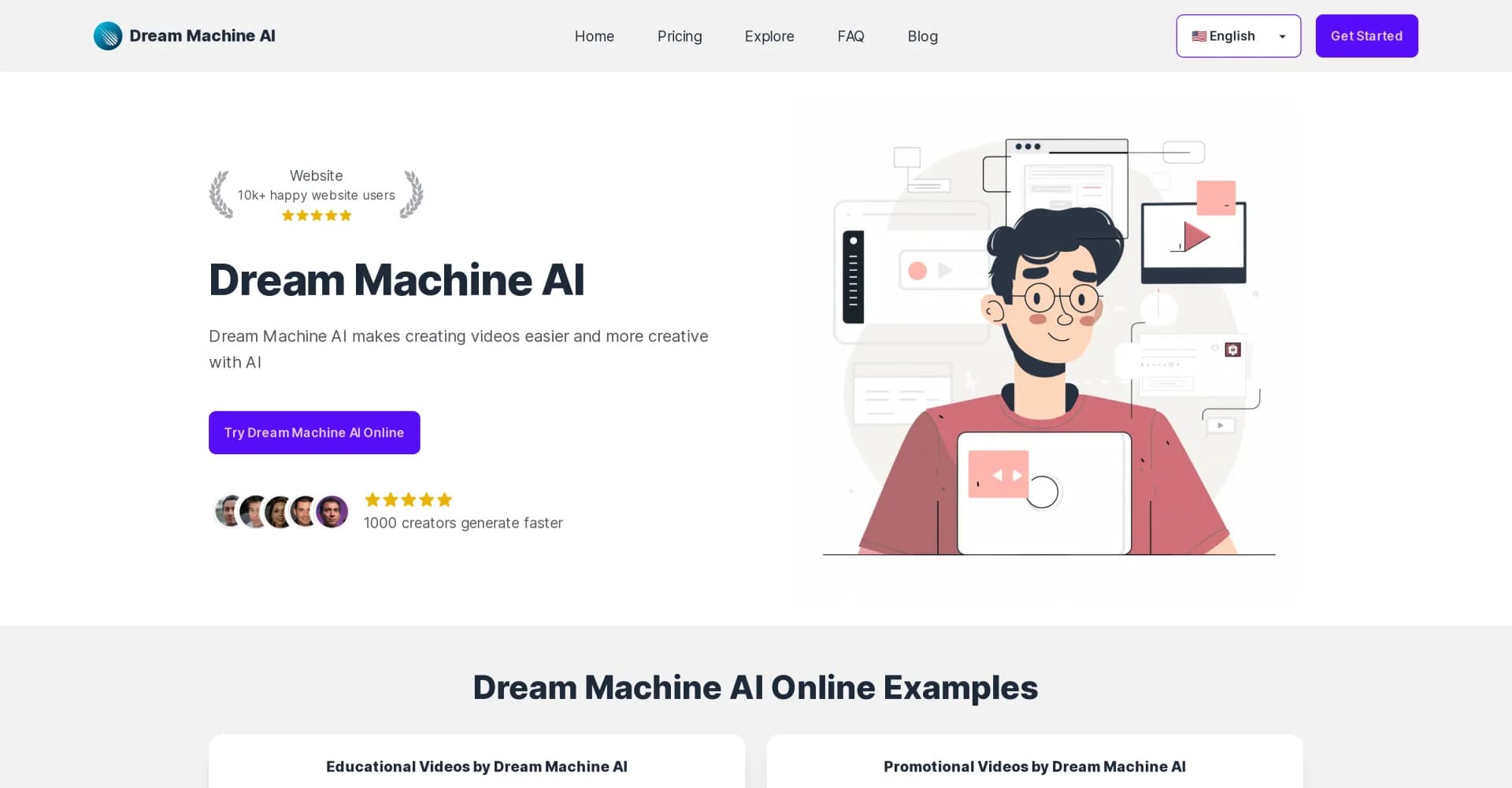 Dream Machine AI homepage screenshot — Create high-quality videos from text and images with AI