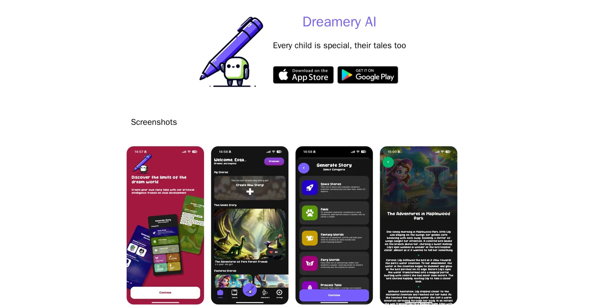 Dreamery AI homepage screenshot — Turn your dreams into visual stories with AI