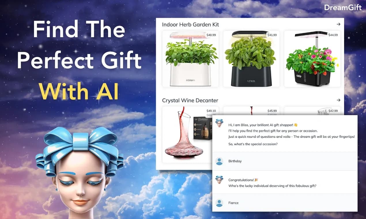 DreamGift homepage screenshot — Find the perfect gift for every person and occasion with AI