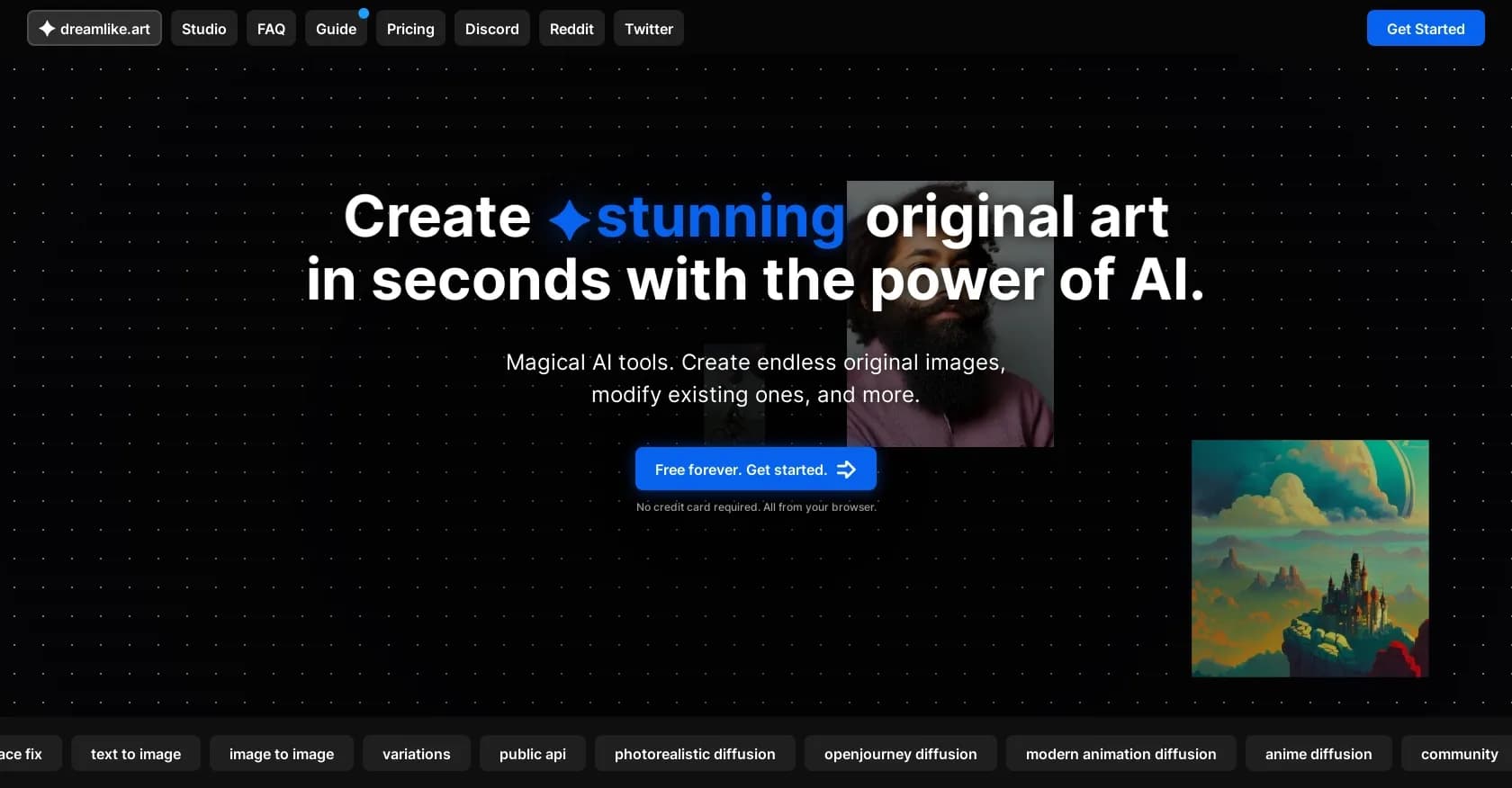 Dreamlike homepage screenshot — Create stunning original art with AI in seconds.