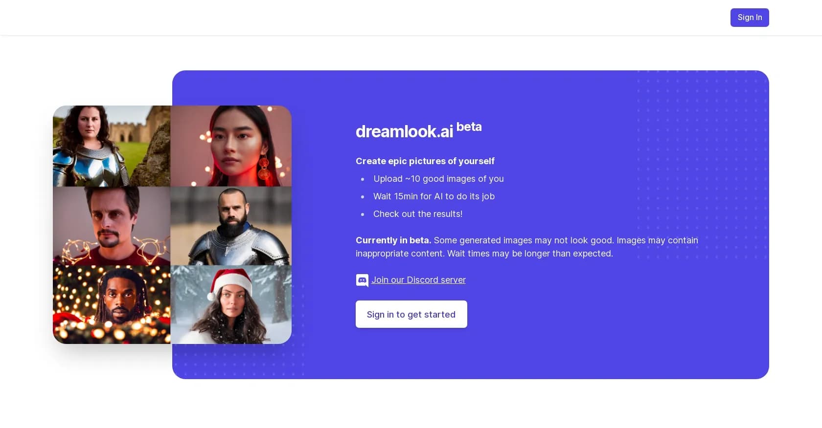 Dreamlook homepage screenshot — Create epic pictures of yourself with AI