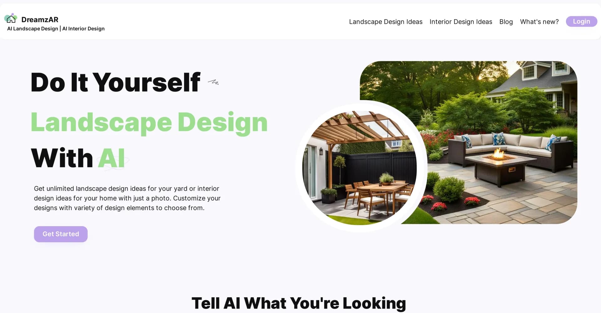 DreamzAR AI Landscape Design Ideas homepage screenshot — Design your yard using just its photo.