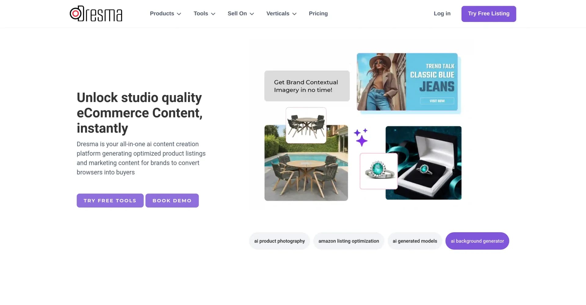 Dresma homepage screenshot — AI-powered content creation for e-commerce success