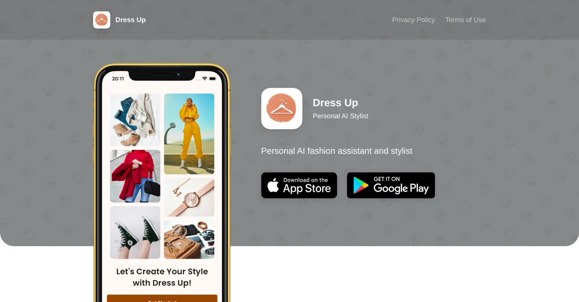 Dress Up: Personal Fashion Stylist homepage screenshot — AI fashion assistant for personalized styling.