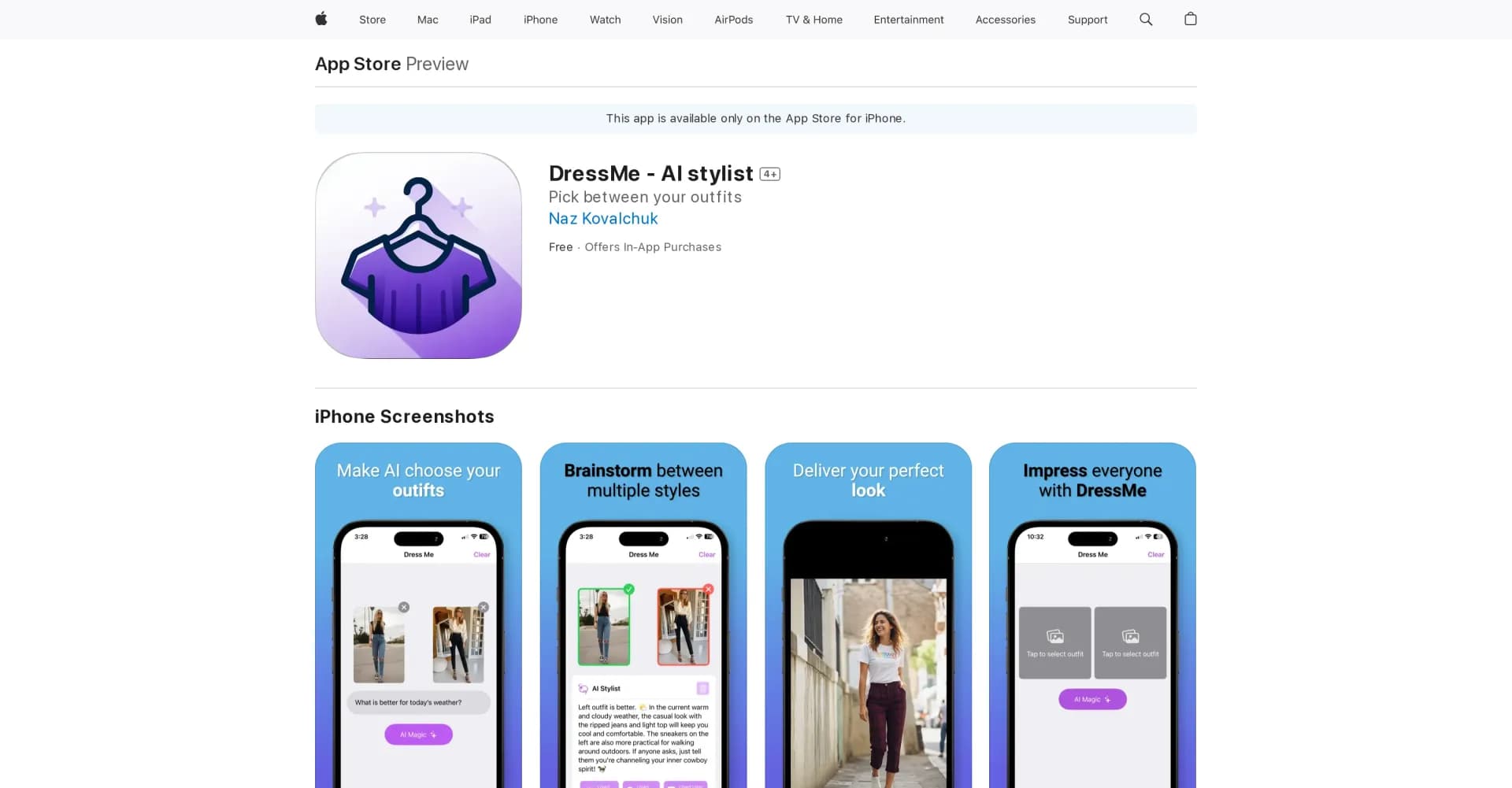 DressMe - AI stylist homepage screenshot — AI-powered outfit selection assistant
