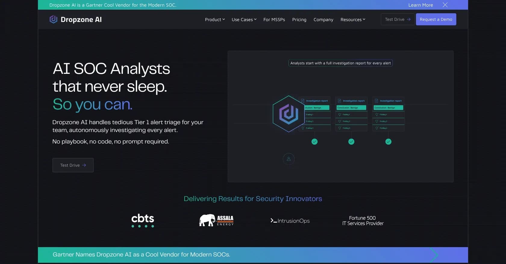 Dropzone AI homepage screenshot — Augment your SOC with AI for faster, precise threat analysis