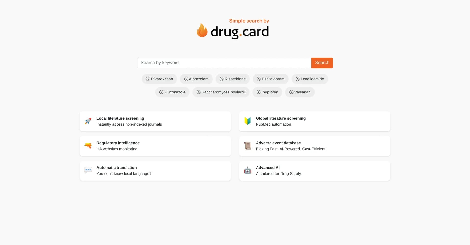 DrugCard Simple Search homepage screenshot — Streamline pharmacovigilance with AI-powered drug safety mon